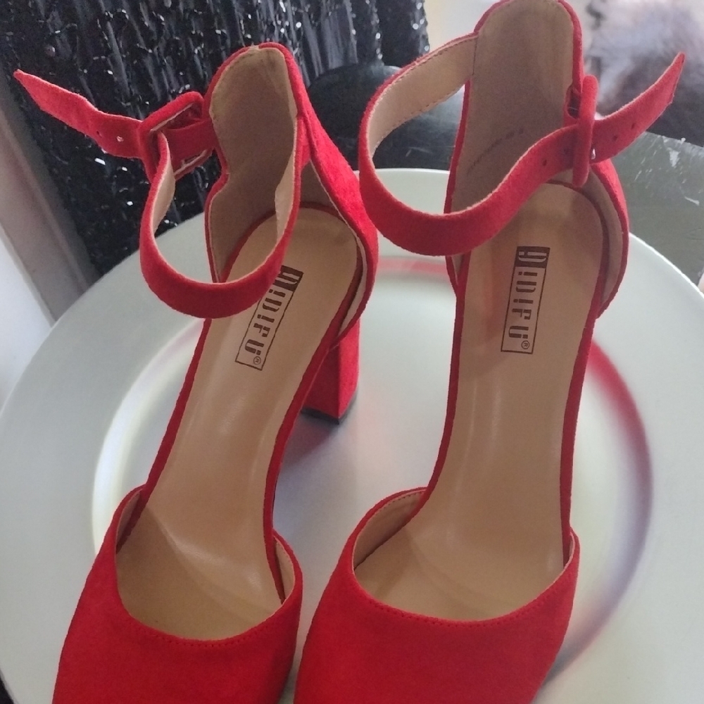 Aldo Red Block Heel Ankle Strap Heels
